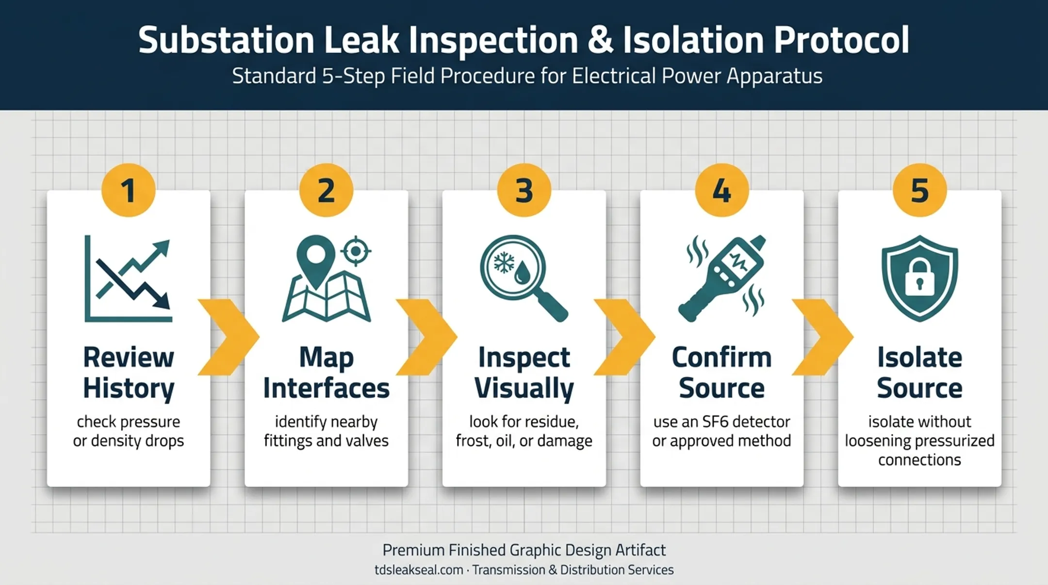 Five-step SF6 leak confirmation workflow from review to isolation