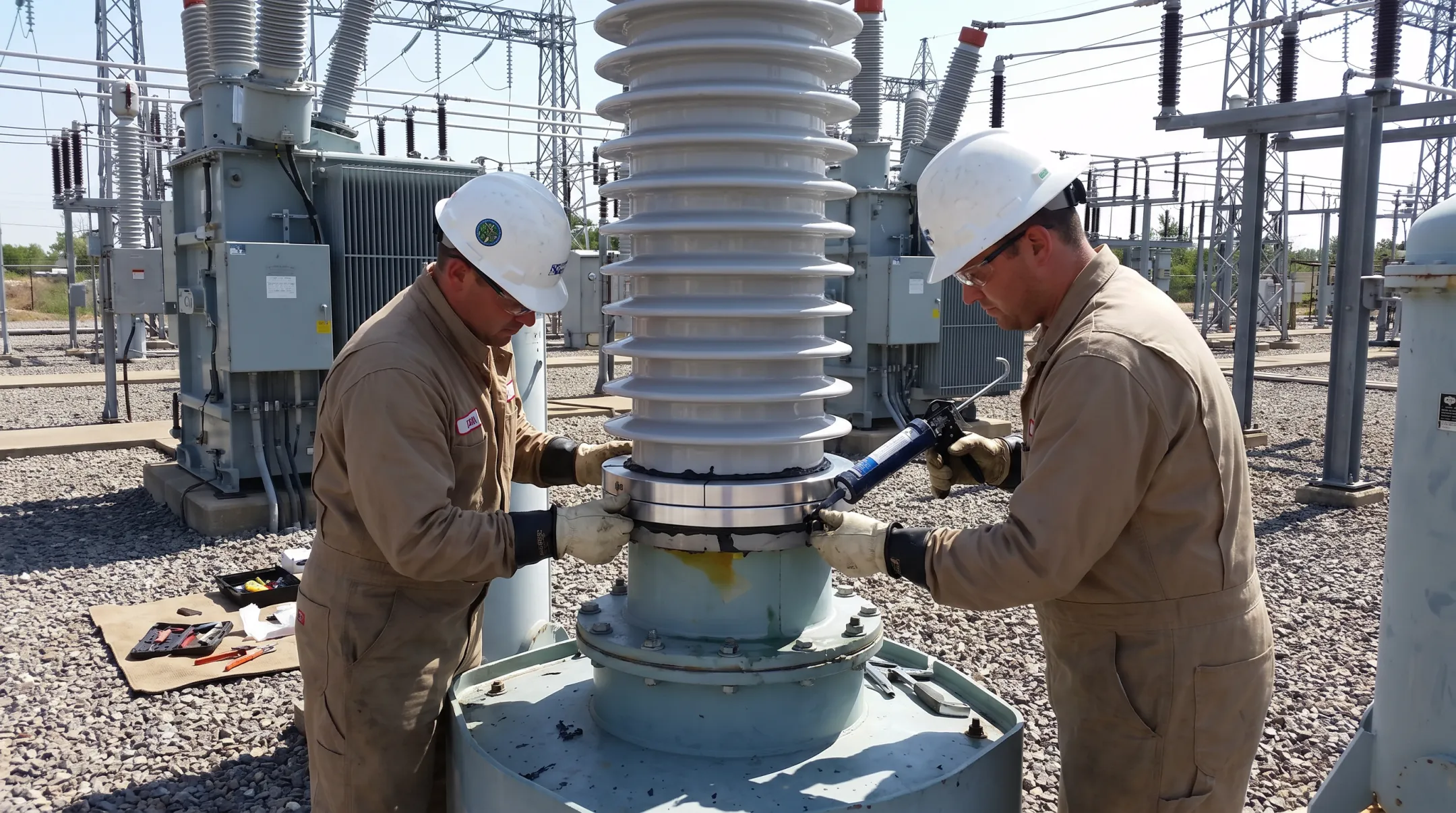Technician applying aluminum clamp sealant to SF6 breaker bushing