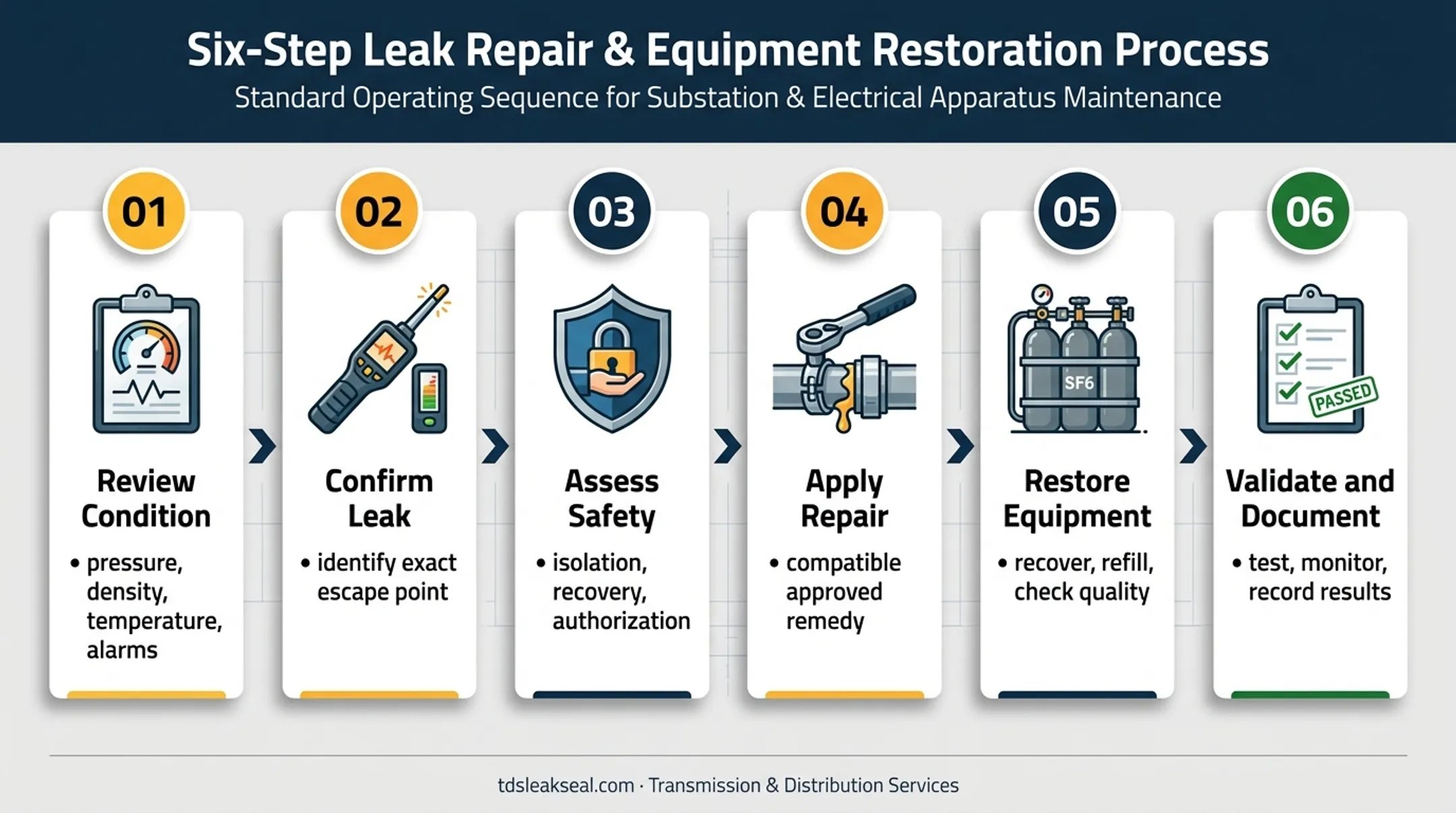 Six-step SF6 leak repair workflow from diagnosis to documentation