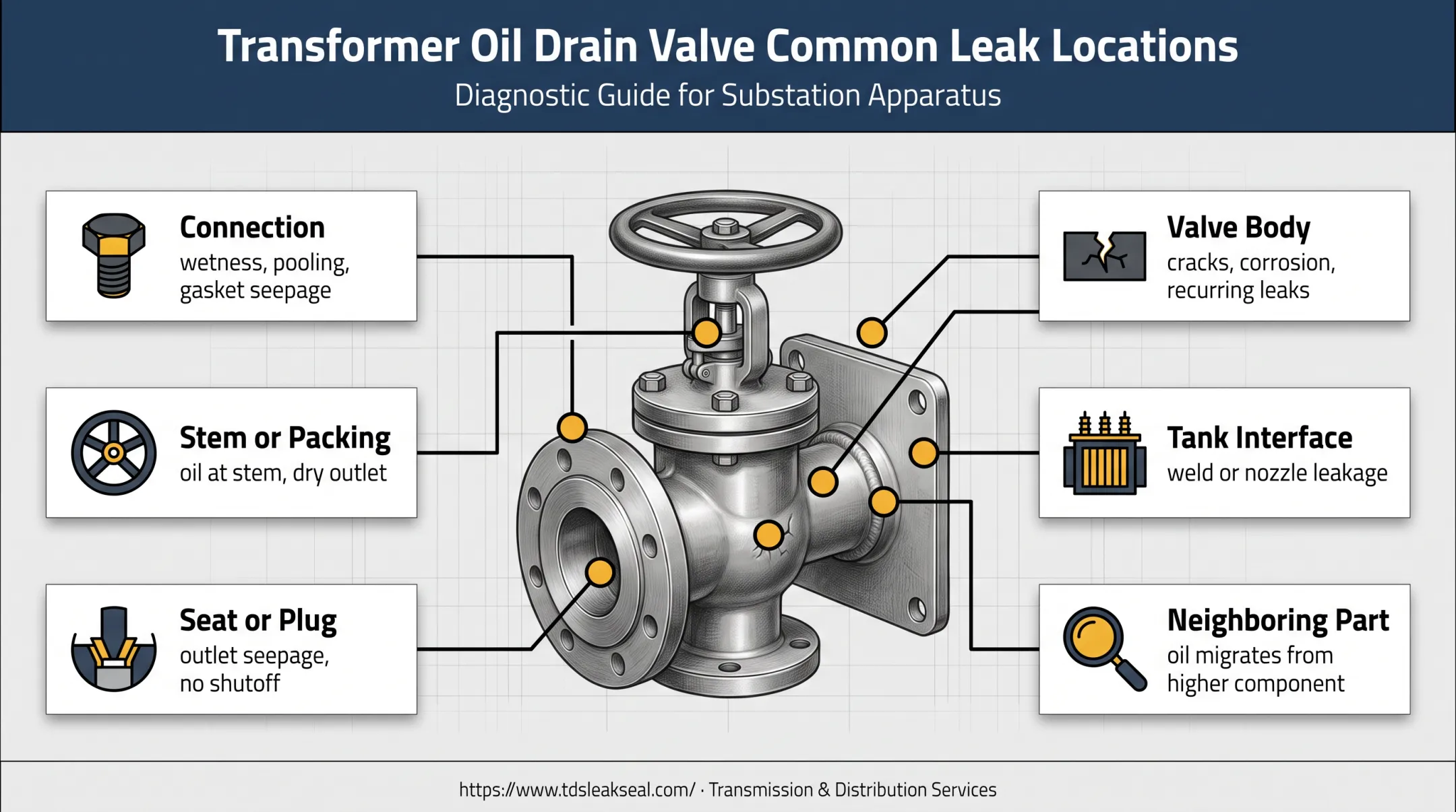 Six transformer oil drain valve leak source locations and symptoms