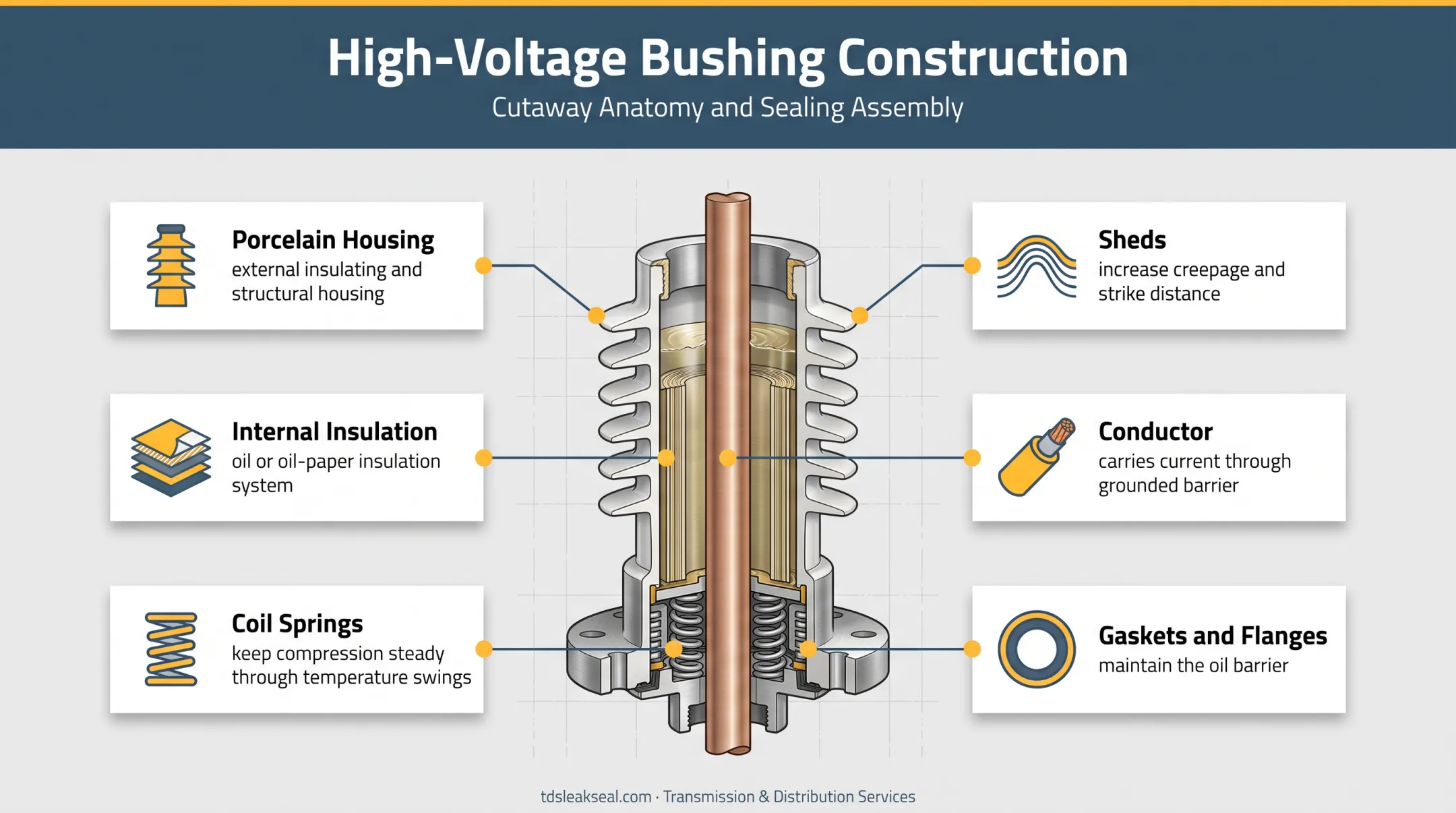 Oil-filled porcelain bushing construction with insulation and sealing components