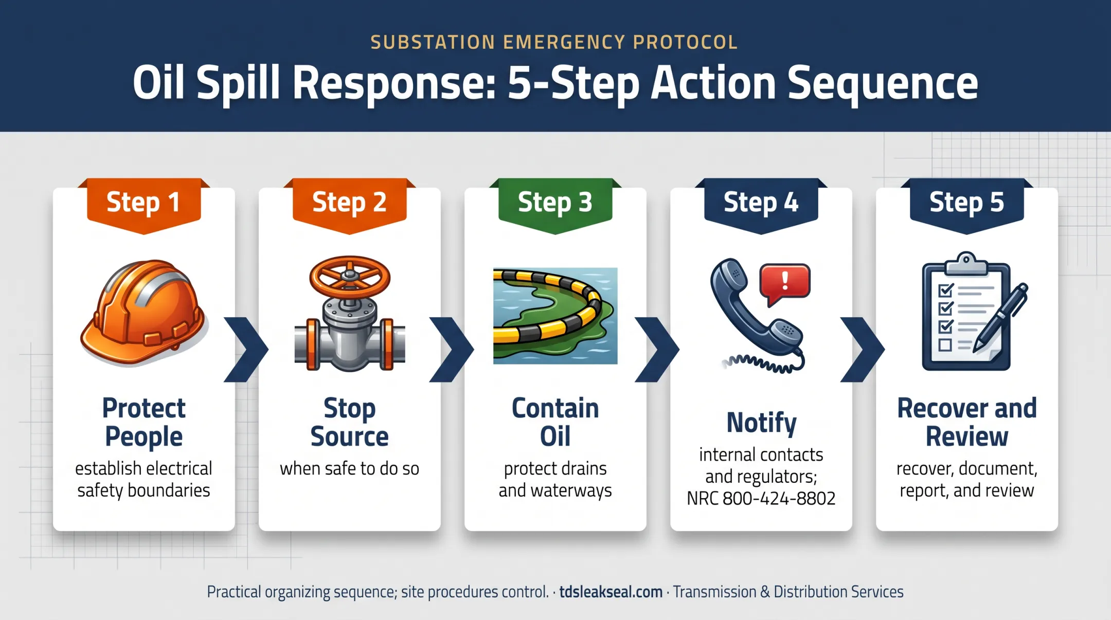 Five-step substation oil spill response framework from protection to review