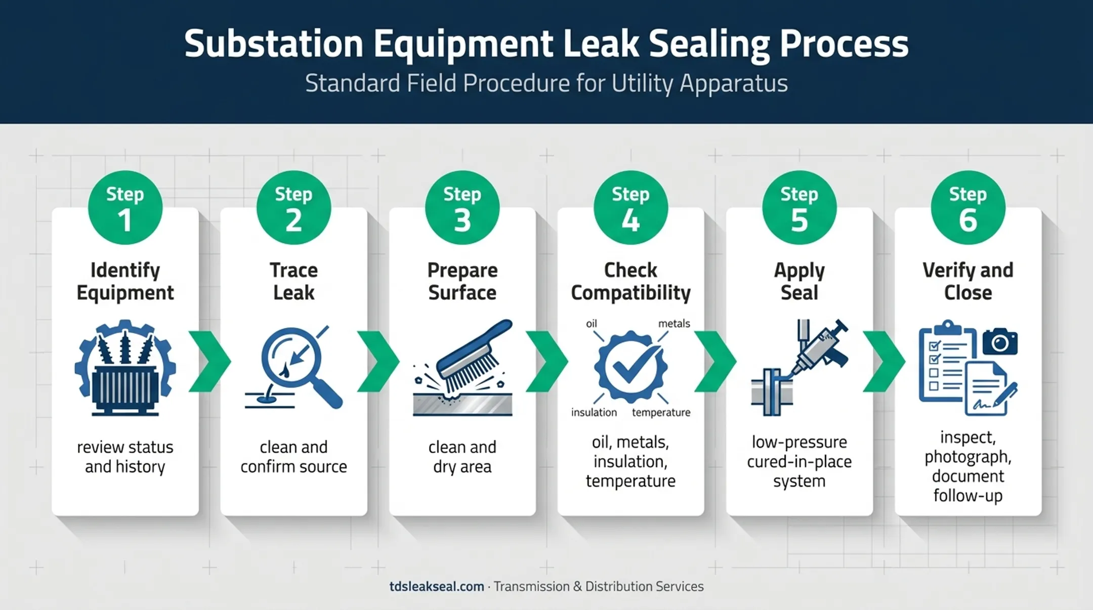 Six-step external transformer oil leak sealing workflow