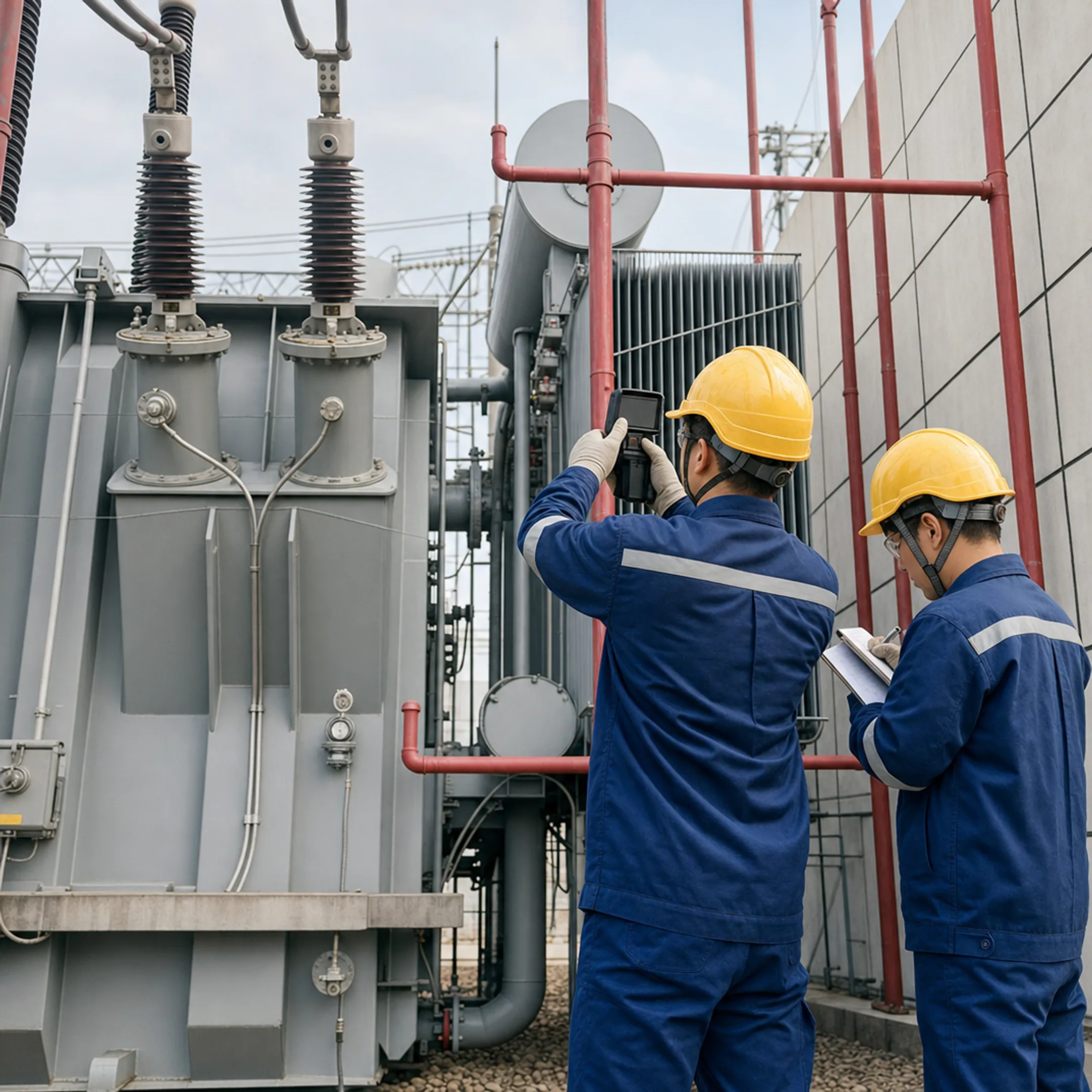 Qualified electrical technicians inspecting substation transformer equipment