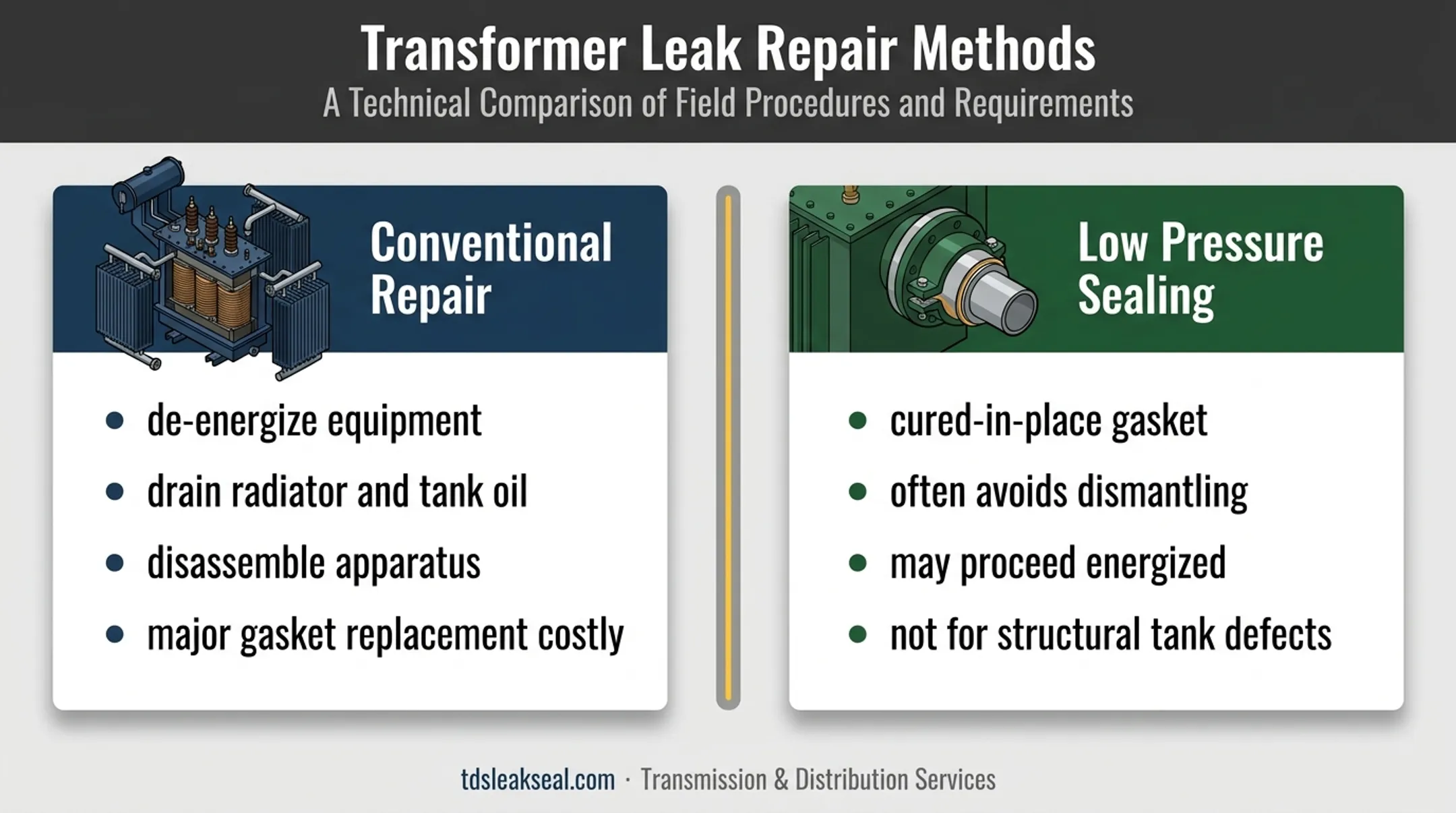 Conventional transformer repair versus low pressure gasket sealing comparison