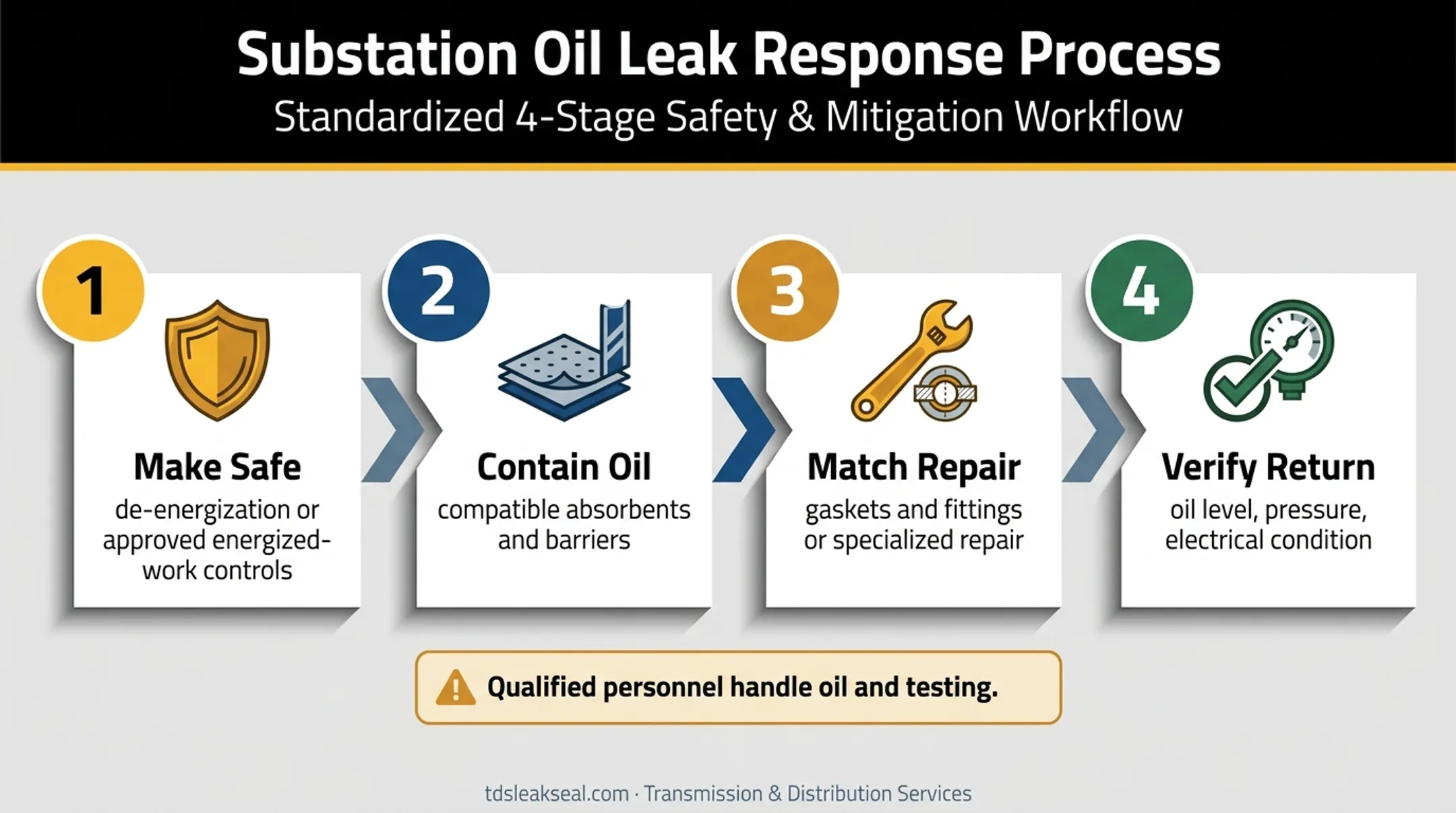 Four-stage pad-mounted transformer leak repair response workflow