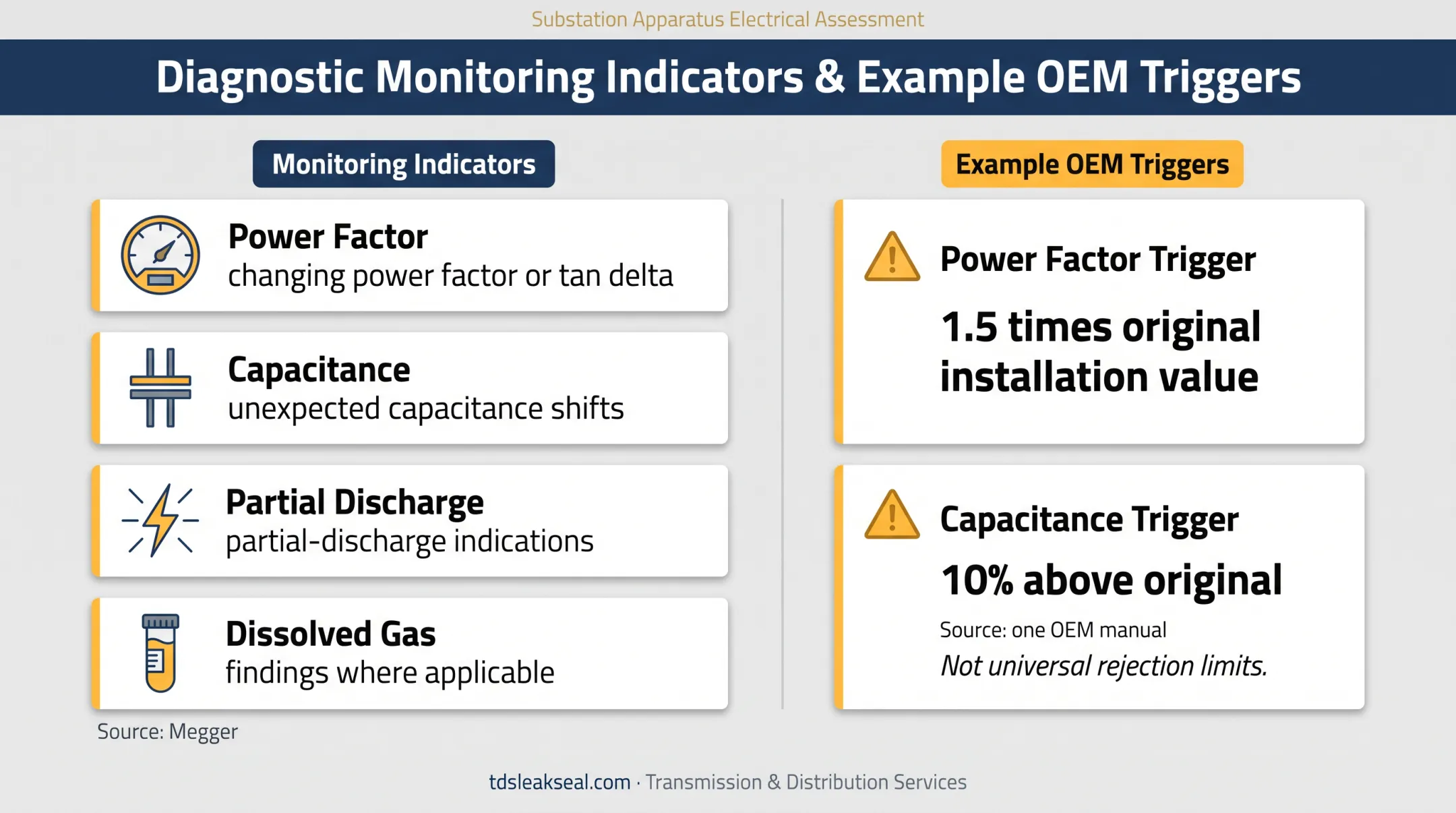 Transformer bushing condition monitoring indicators and test escalation thresholds