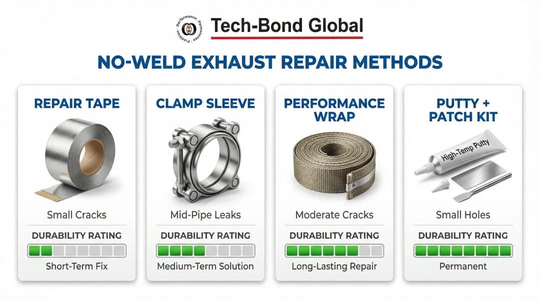 Four no-weld exhaust flex pipe repair methods comparison durability chart