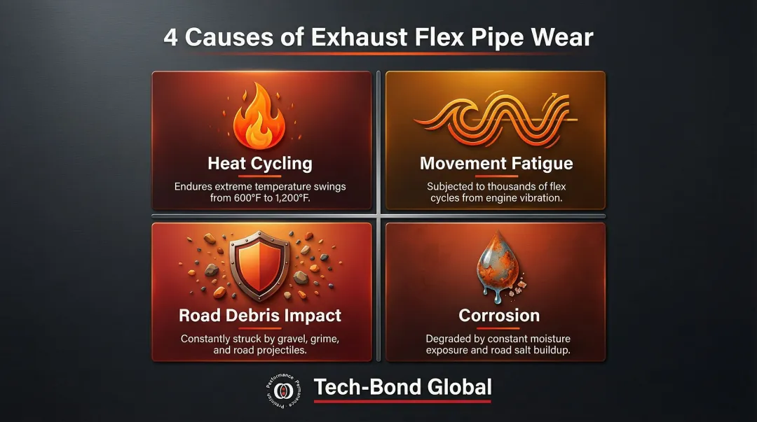 Four key causes of exhaust flex pipe failure heat corrosion fatigue damage