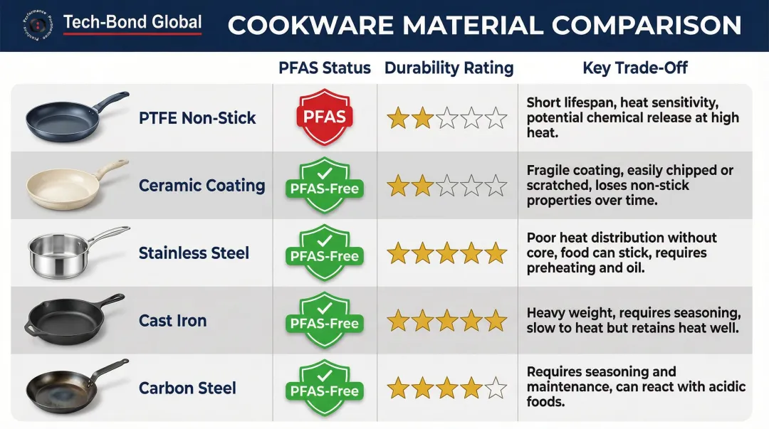 PTFE versus ceramic stainless steel cast iron carbon steel cookware comparison chart