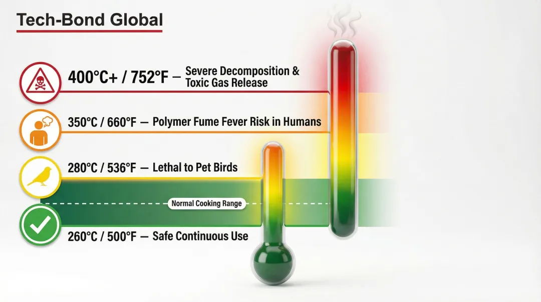 PTFE temperature degradation thresholds and associated health risk levels chart