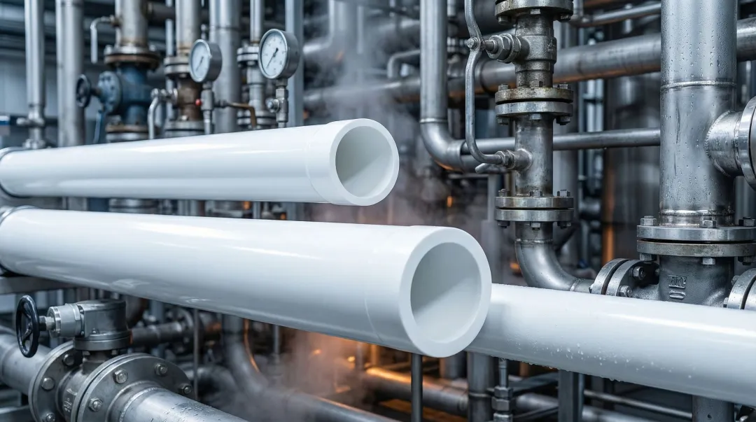 PTFE-lined industrial pipe system in chemical processing facility