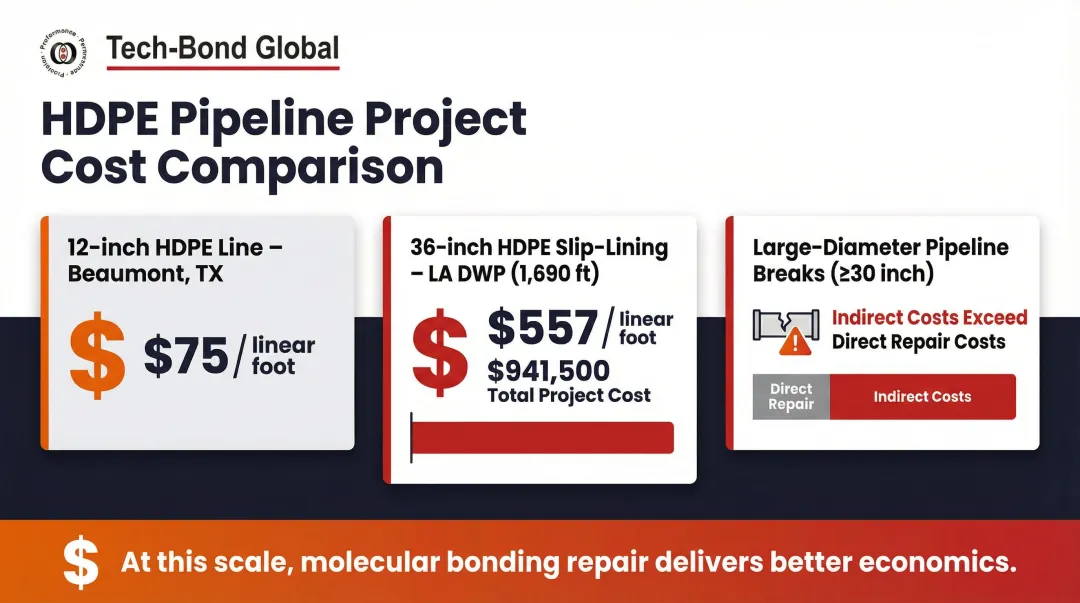 Industrial HDPE pipeline replacement cost comparison showing per-foot and total project costs