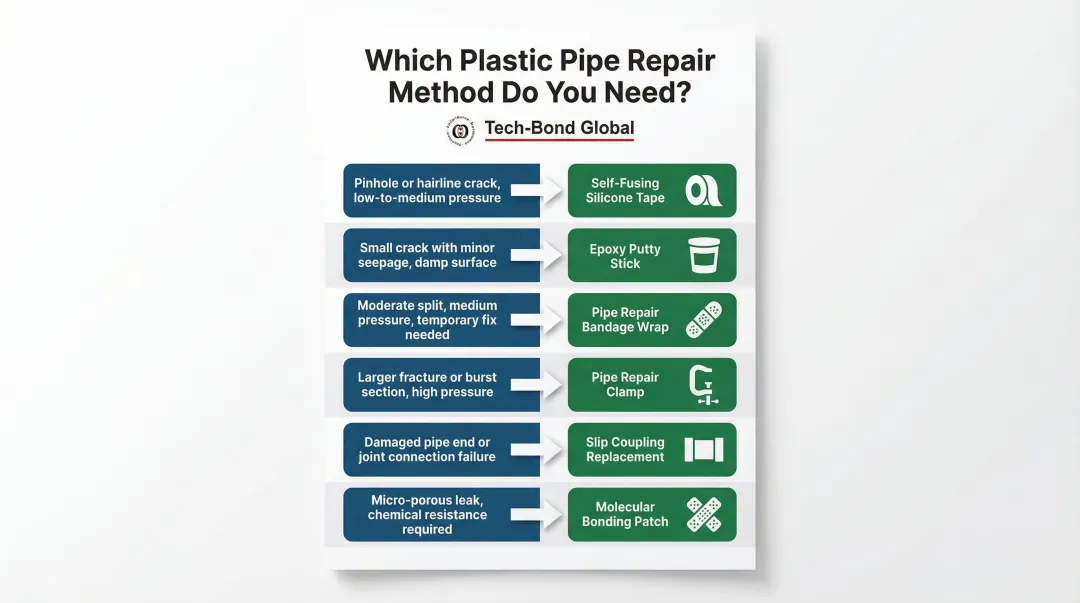 6-method plastic pipe leak repair decision framework flow chart by leak type