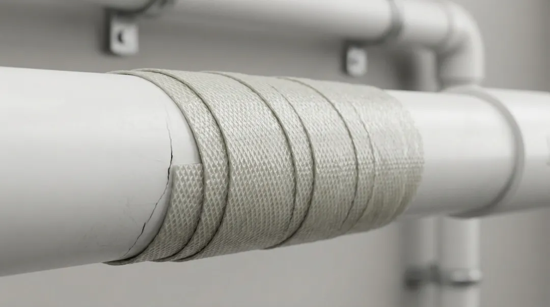 Water-activated fiberglass repair wrap applied around cracked plastic pipe section