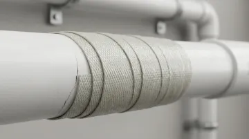 Water-activated fiberglass repair wrap applied around cracked plastic pipe section