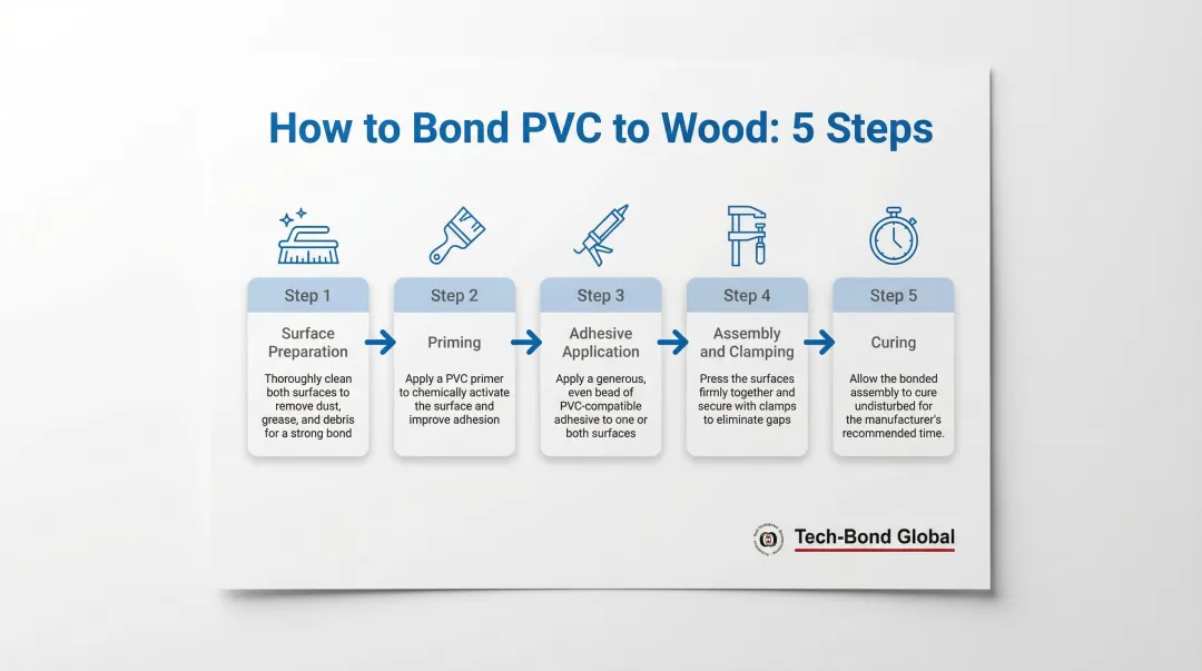 5-step PVC to wood bonding process from surface prep to full cure
