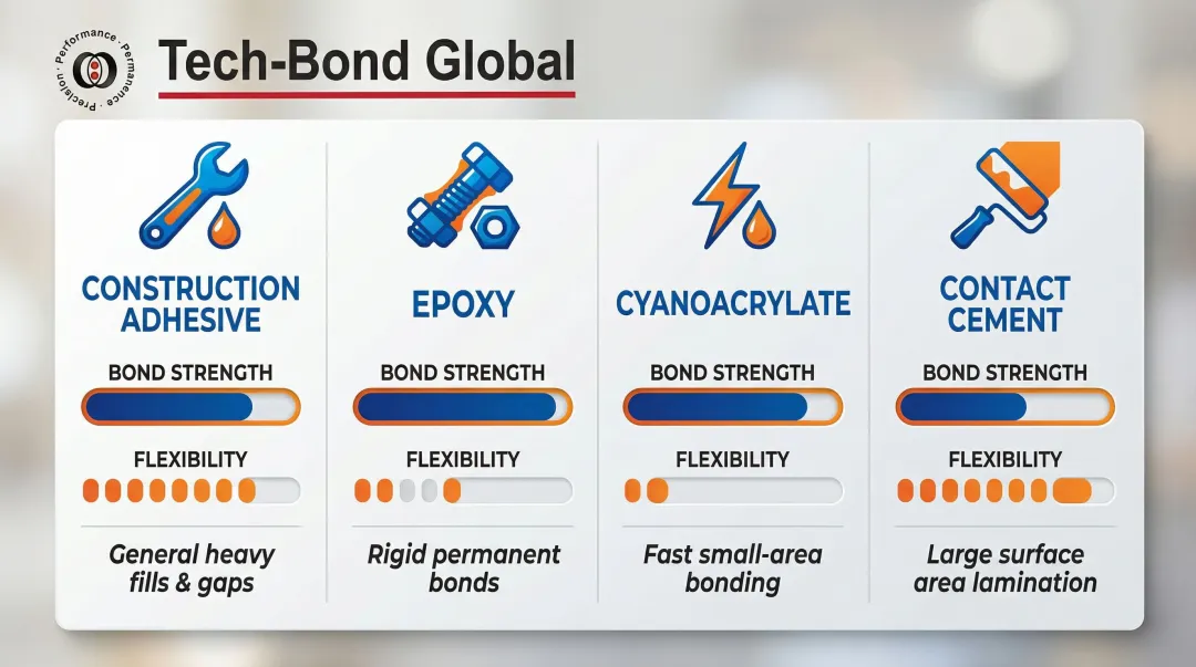 Four PVC-to-wood adhesive types comparison chart with strength and best use