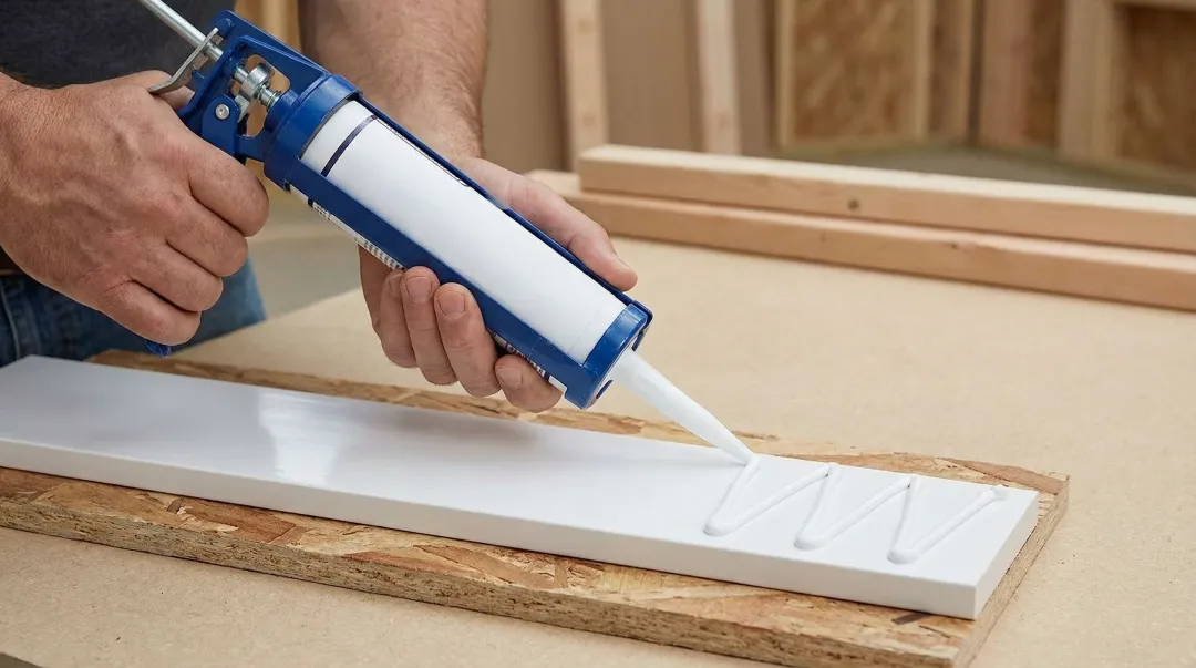 PVC trim board being bonded to wooden framing with construction adhesive