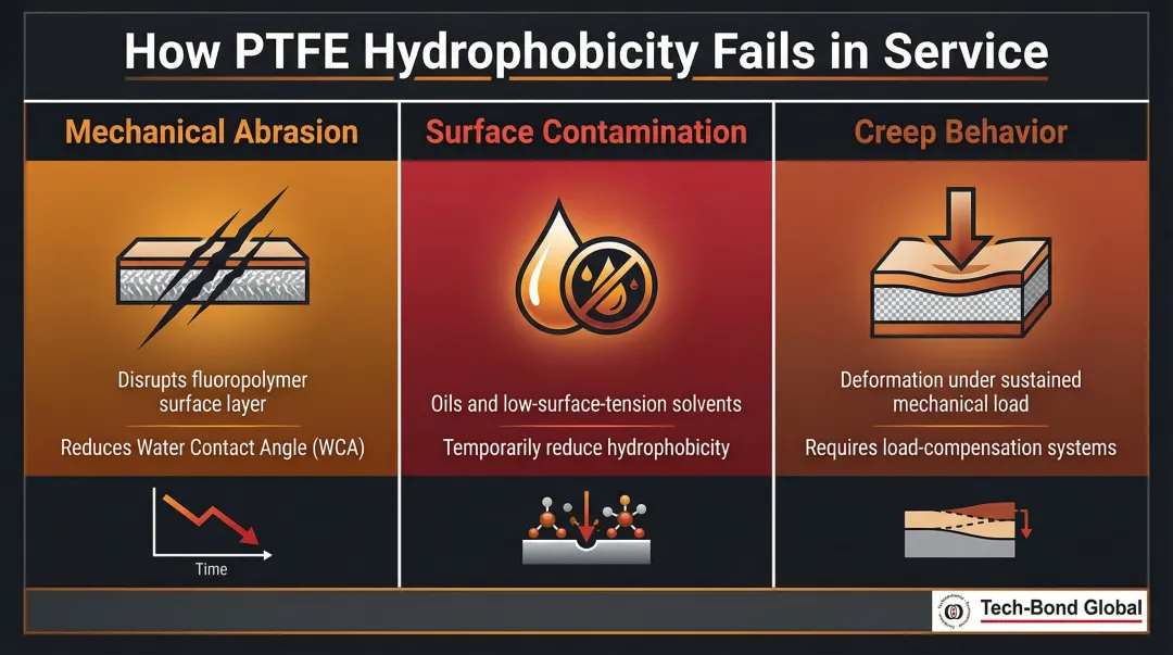Three PTFE hydrophobicity failure modes mechanical contamination and creep comparison infographic