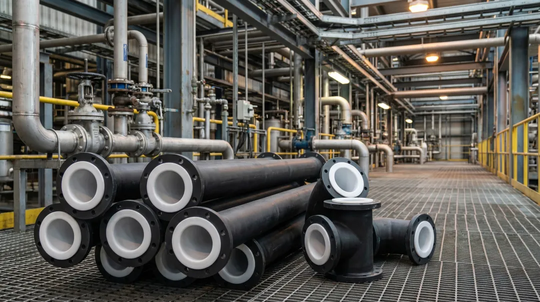 PTFE lined industrial pipes and fittings used in chemical processing plant