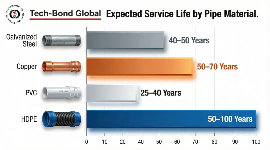 Pipe material lifespan comparison chart galvanized copper PVC service years