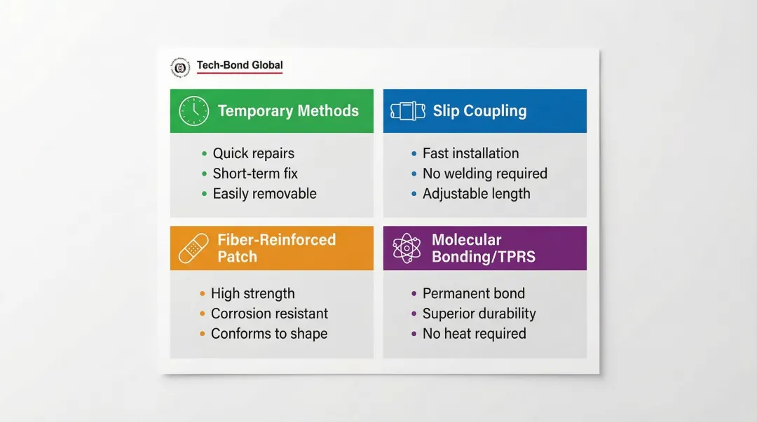 Four-scenario pipe repair method decision framework choosing temporary slip coupling fiber TPRS
