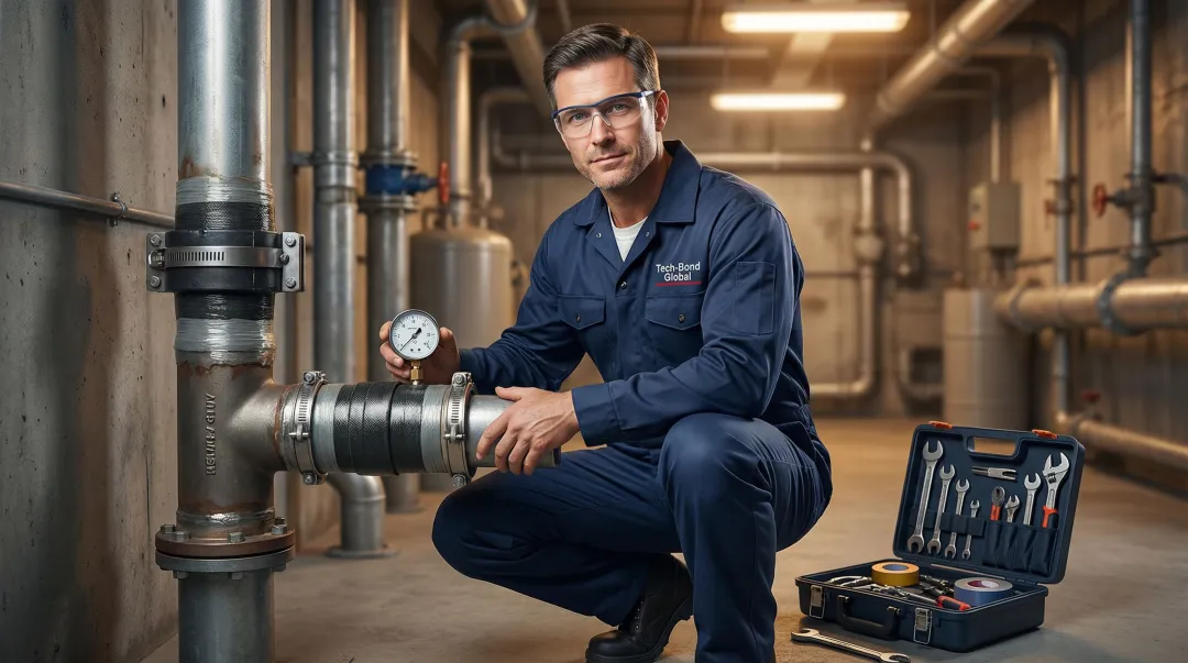 Plumber inspecting pipe repair area with pressure gauge and repair tools