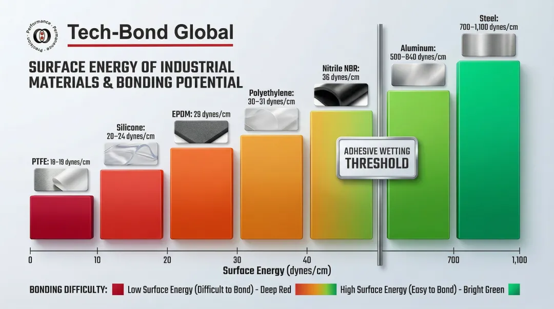 Rubber versus metal surface energy comparison chart showing adhesive bonding difficulty