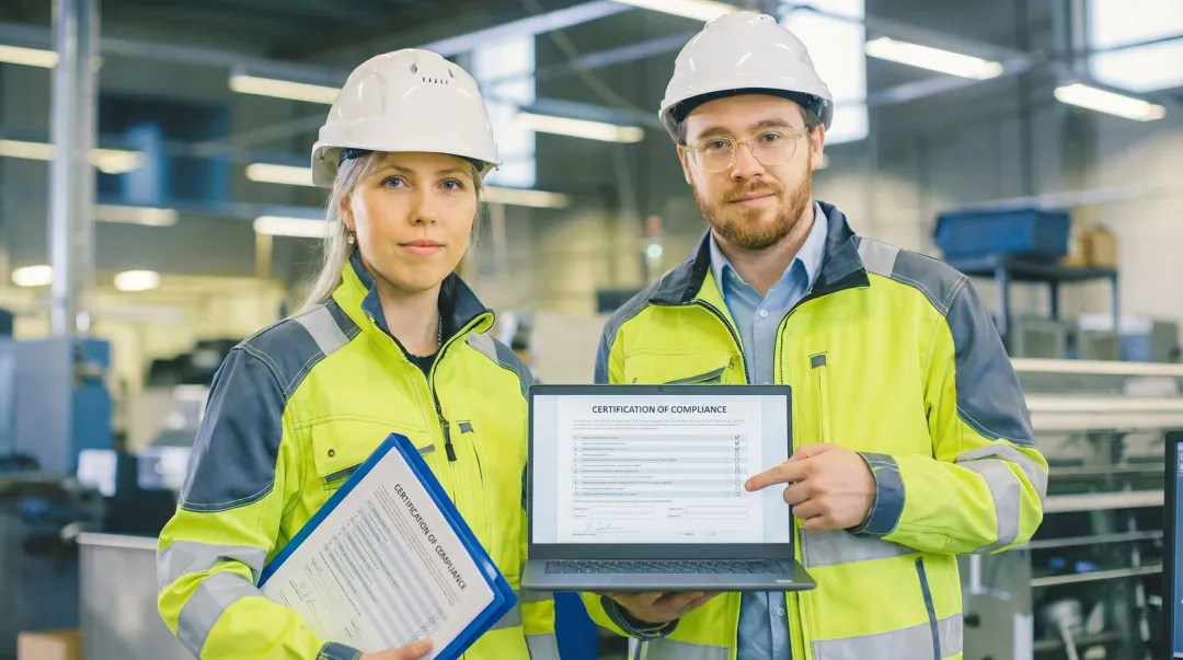 Contractor reviewing specialty certification documents and compliance credentials on job site