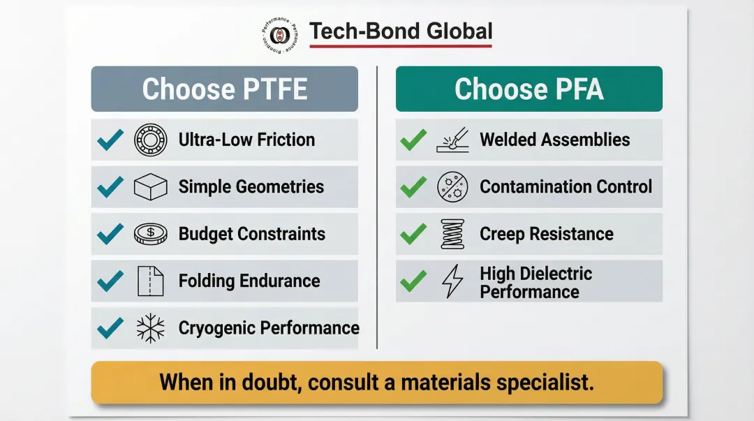 Choose PTFE versus choose PFA decision criteria side-by-side comparison infographic