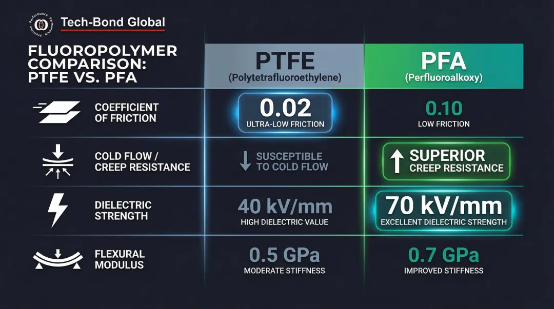 PFA versus PTFE mechanical properties comparison table infographic with key metrics