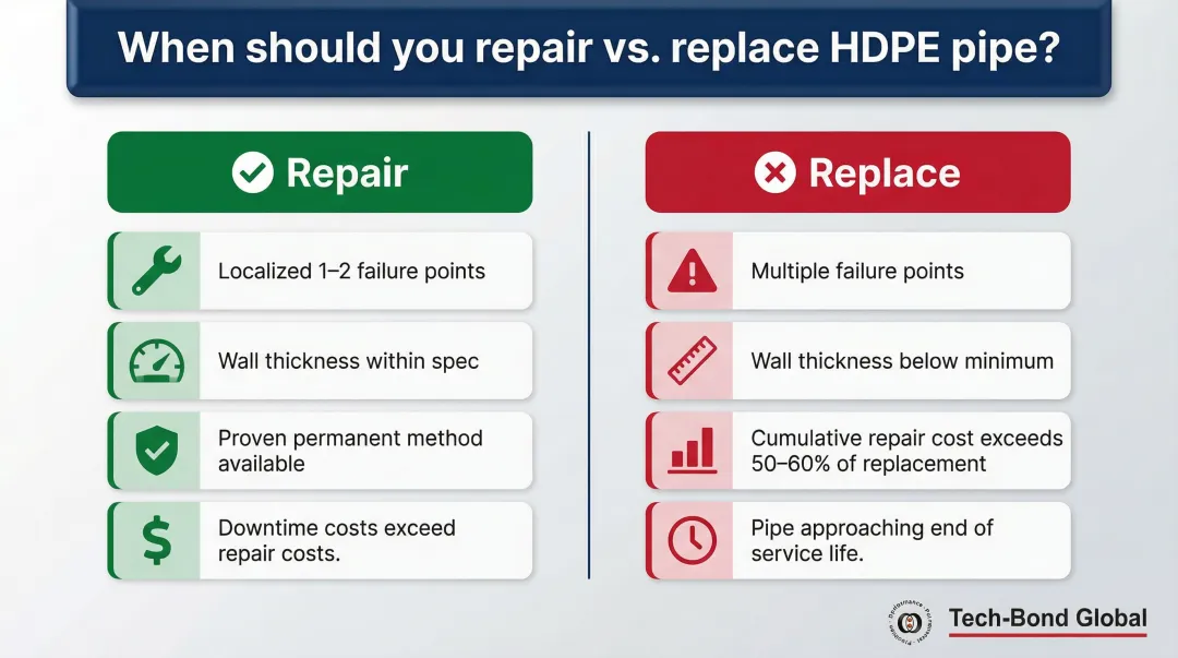 HDPE pipe repair versus replace decision framework key criteria comparison infographic