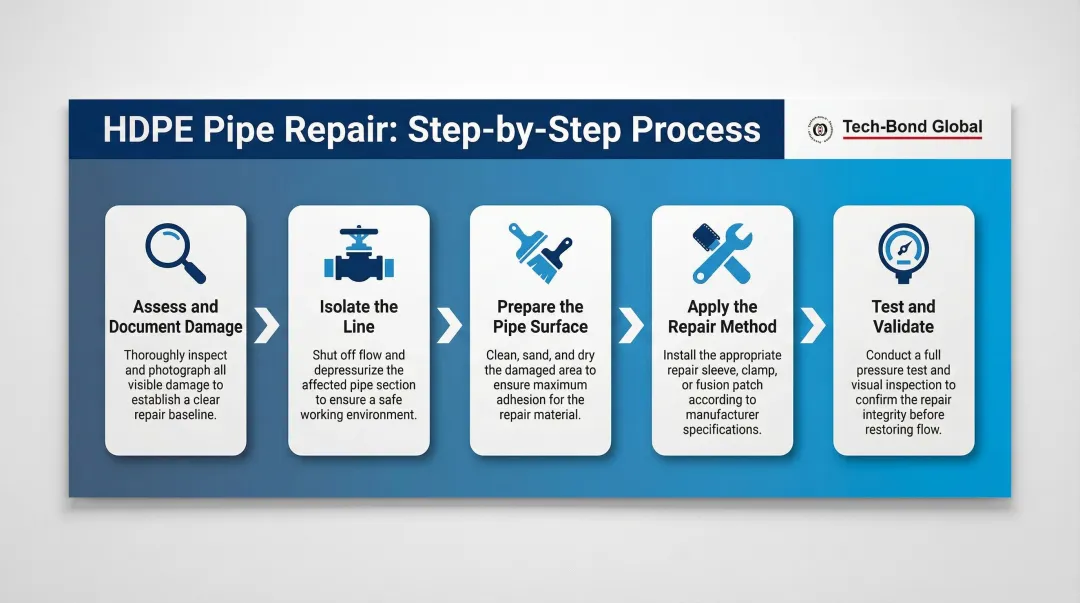 5-step HDPE pipe repair process flow from damage assessment to validation
