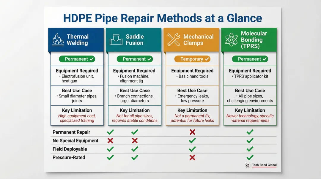 HDPE pipe repair methods comparison chart thermal welding clamps molecular bonding