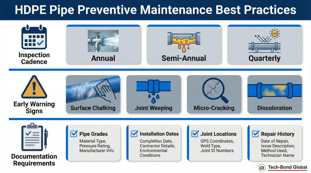 HDPE pipe preventive maintenance schedule inspection frequency and early warning signs