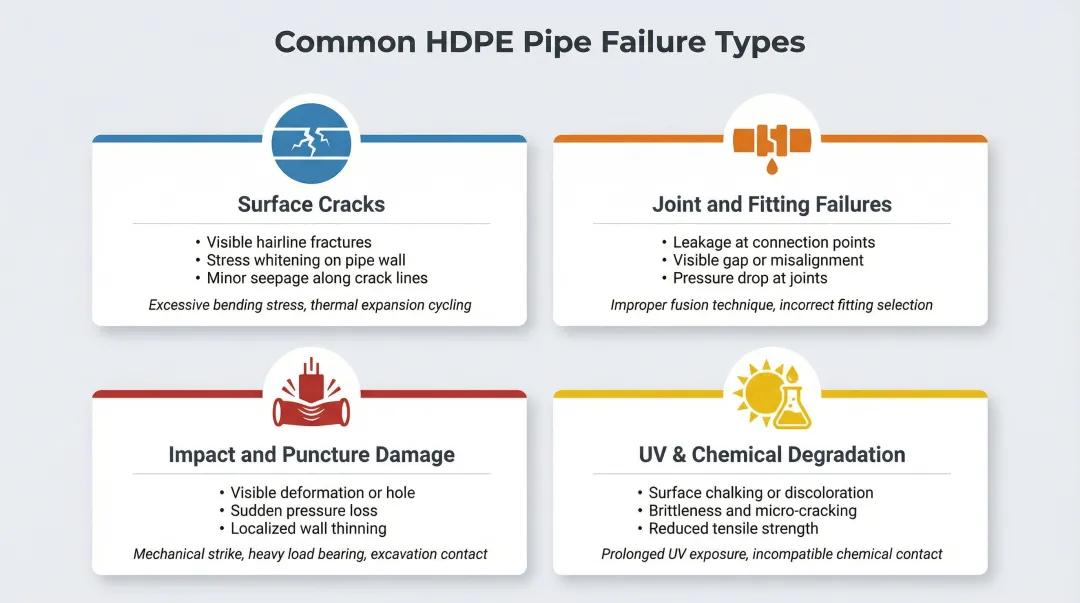 Four common HDPE pipe failure types causes and symptoms overview infographic