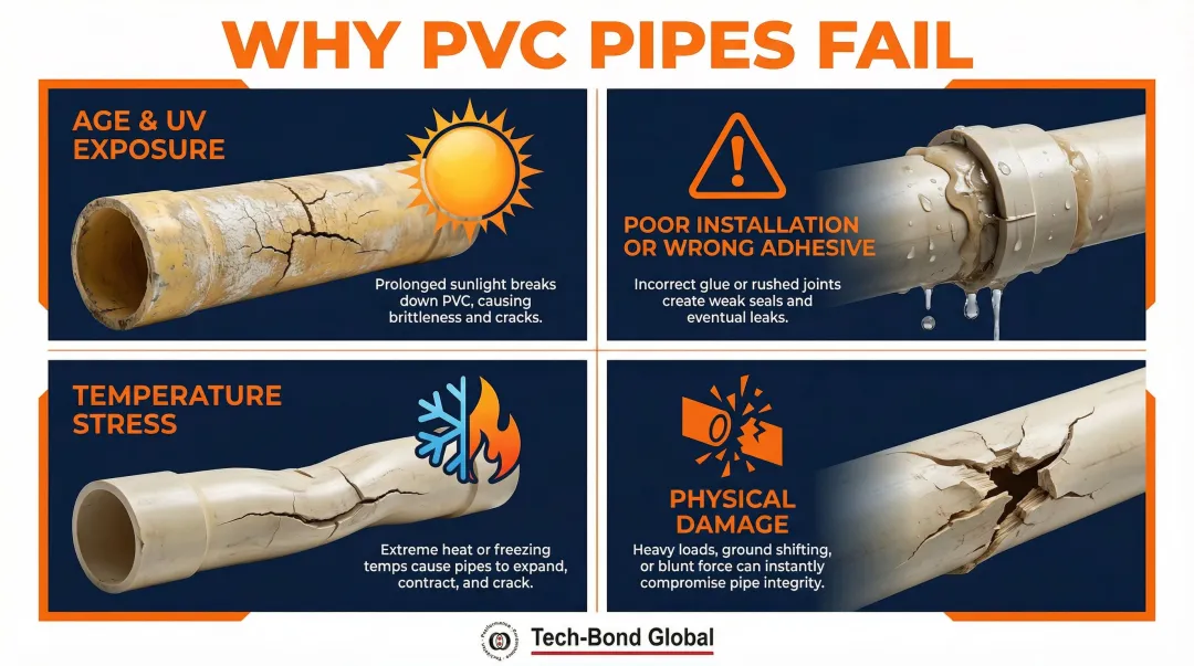 Four common causes of PVC pipe failure illustrated with icons