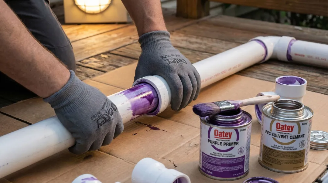 Plumber applying PVC primer and solvent cement to pipe coupling joint