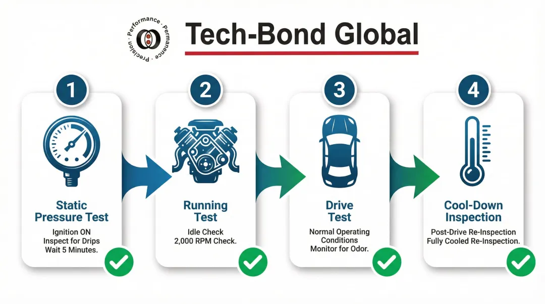 Four-stage post-repair fuel system pressure testing and validation process infographic