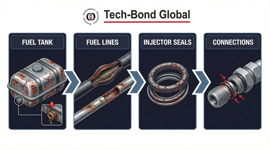 Four primary fuel system leak points diagram with failure causes breakdown