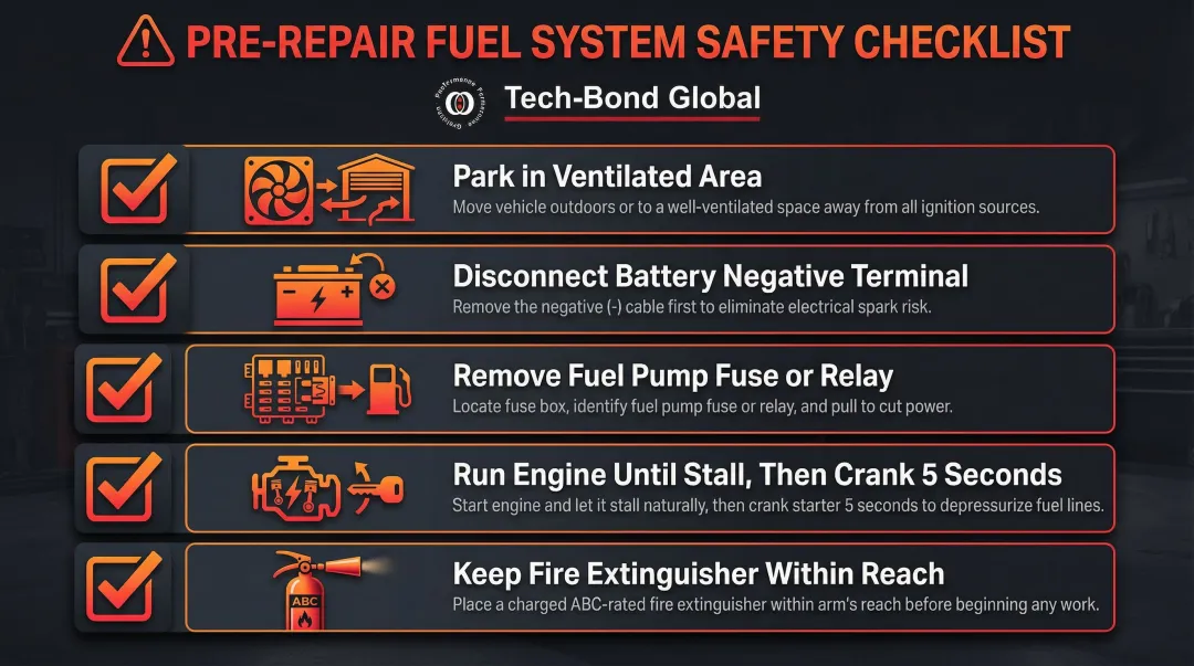 Five-step fuel system depressurization safety checklist process flow infographic