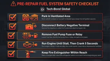 Five-step fuel system depressurization safety checklist process flow infographic