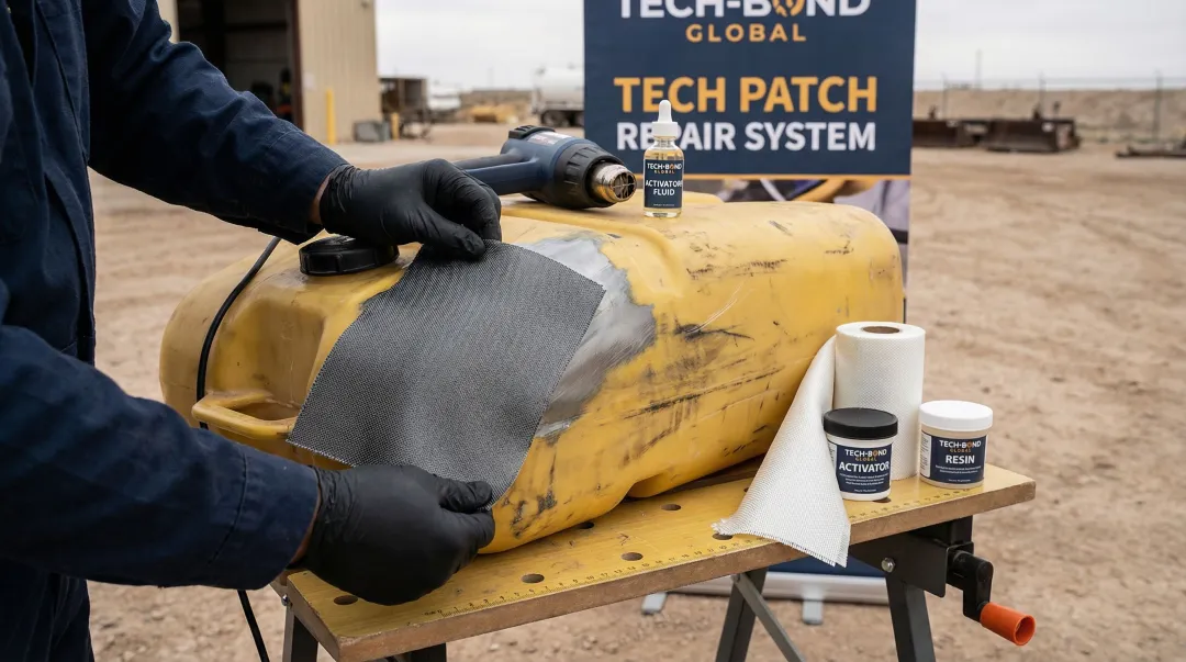 Tech-Bond TPRS molecular bonding patch applied to polymer HDPE fuel tank repair
