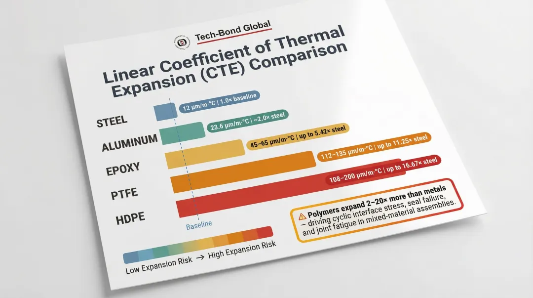 Thermal expansion coefficient comparison chart steel aluminum epoxy HDPE PTFE polymer metal bonding