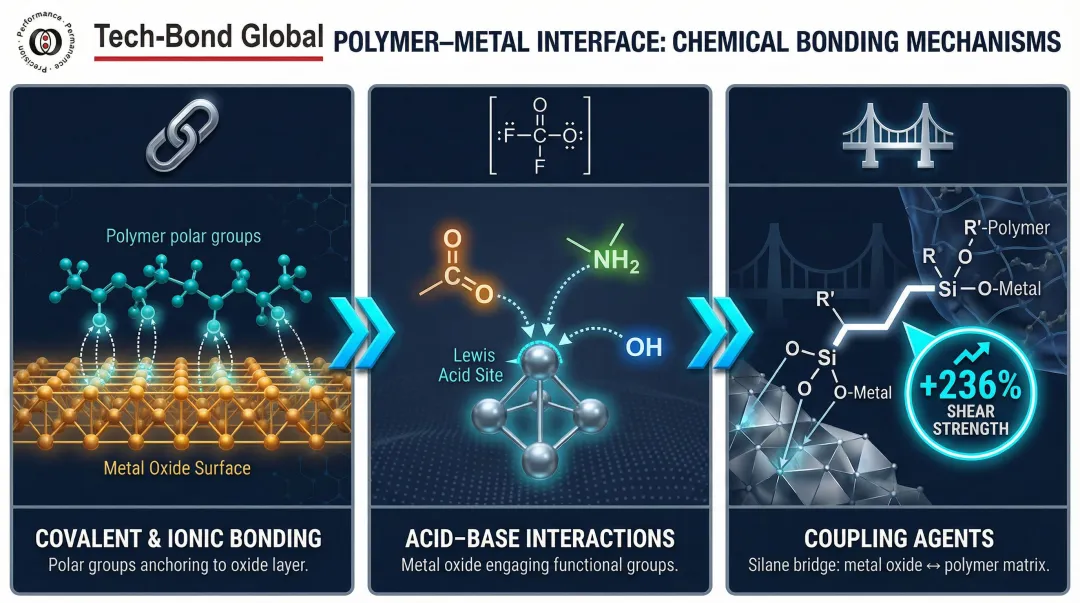 Three chemical bonding mechanisms driving durable polymer-metal adhesion at molecular level