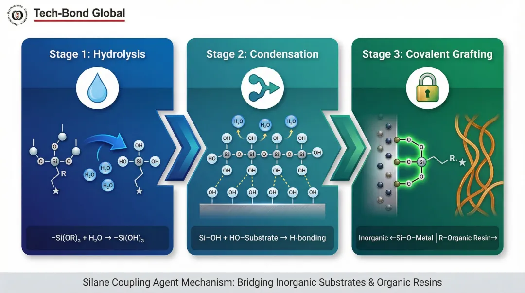 Three-step silane coupling agent bonding process hydrolysis condensation covalent grafting