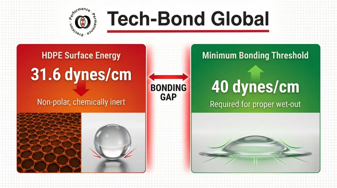 HDPE surface energy versus adhesive bonding threshold comparison infographic