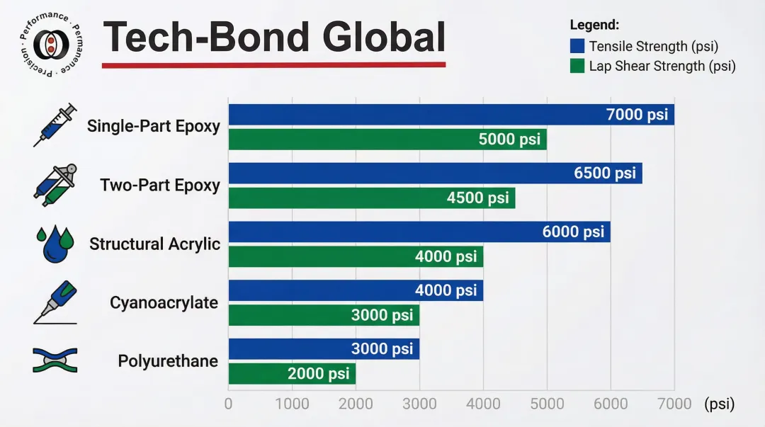 Adhesive family tensile and lap shear strength comparison chart by type