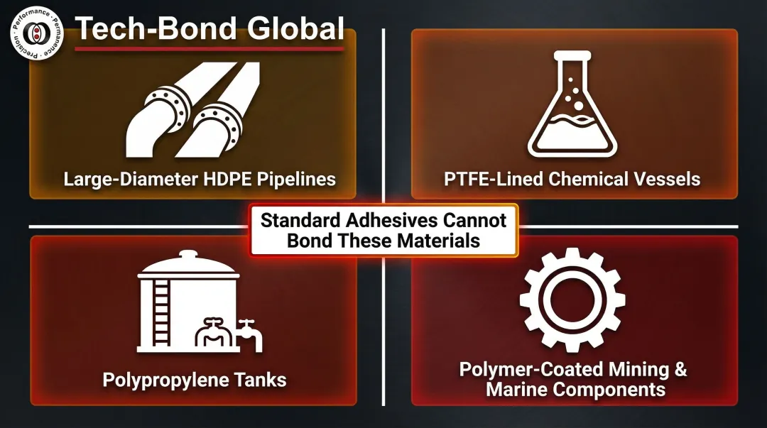 Low-surface-energy polymer bonding gap infrastructure applications breakdown infographic
